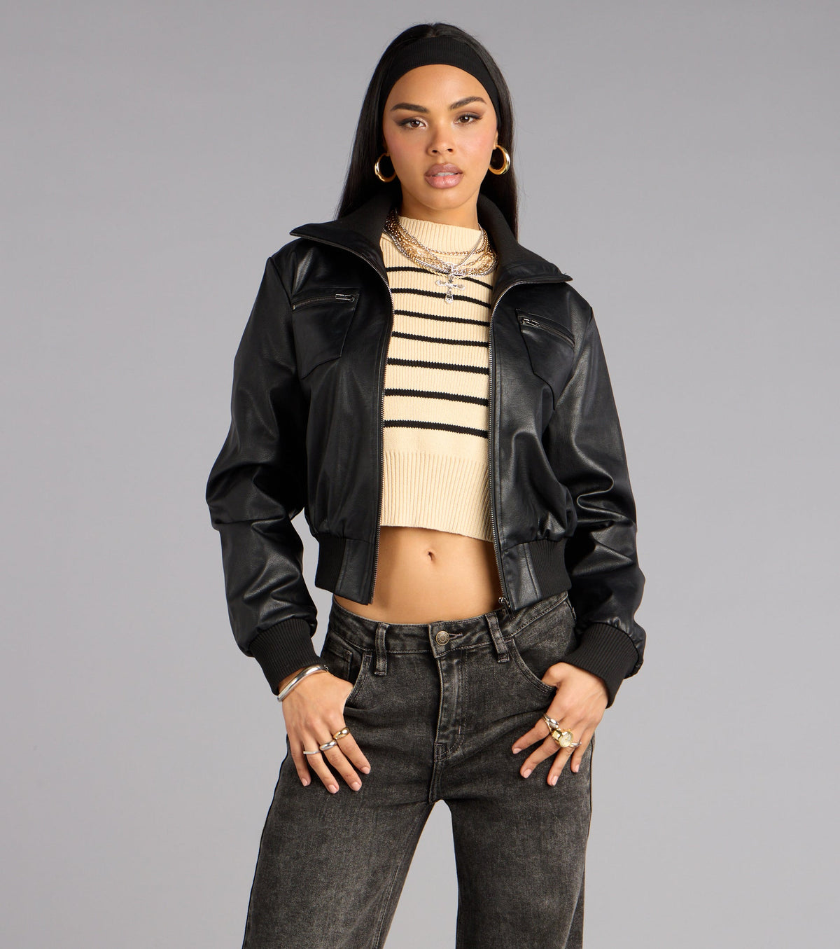 Cool Intentions Faux Leather Bomber Jacket