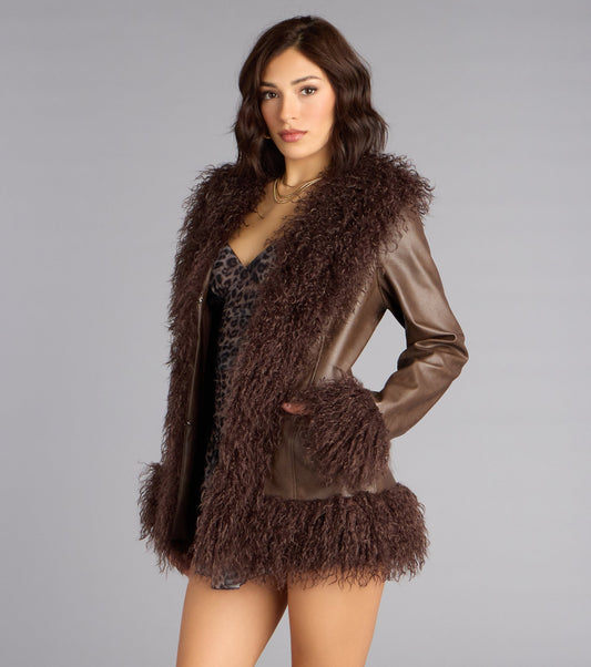 It Girl Faux Fur Trim Faux Leather Coat