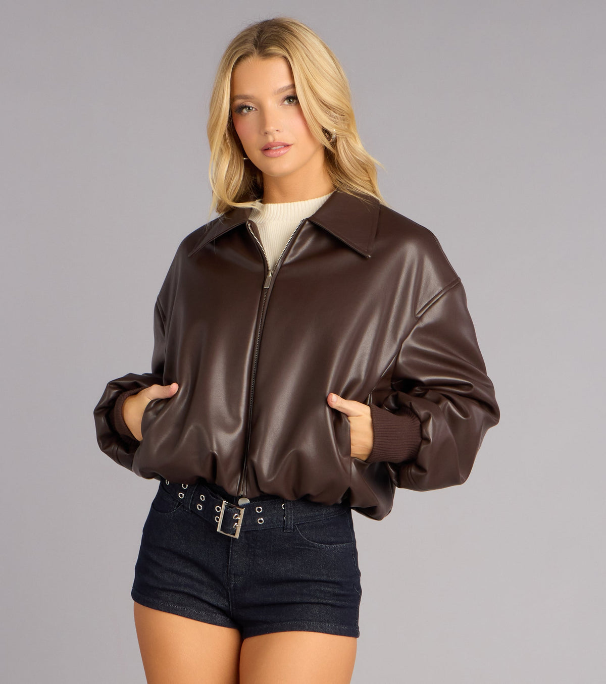 Effortless Edge Faux Leather Bomber Jacket