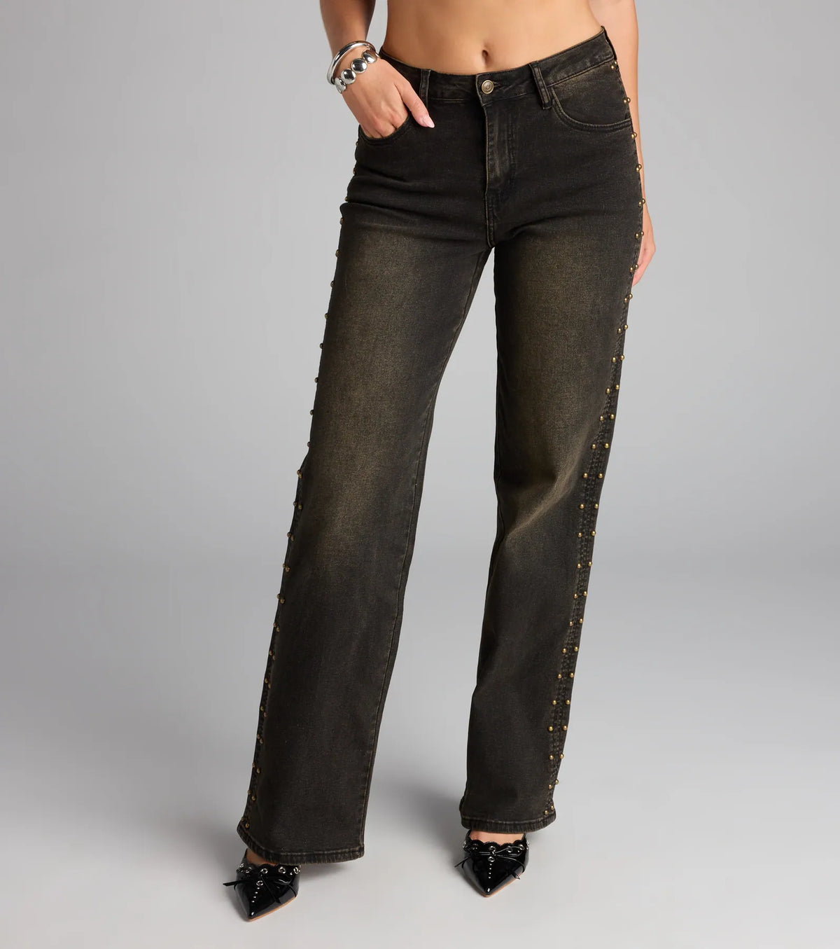 Studded and Snatched Straight Leg Denim Jeans