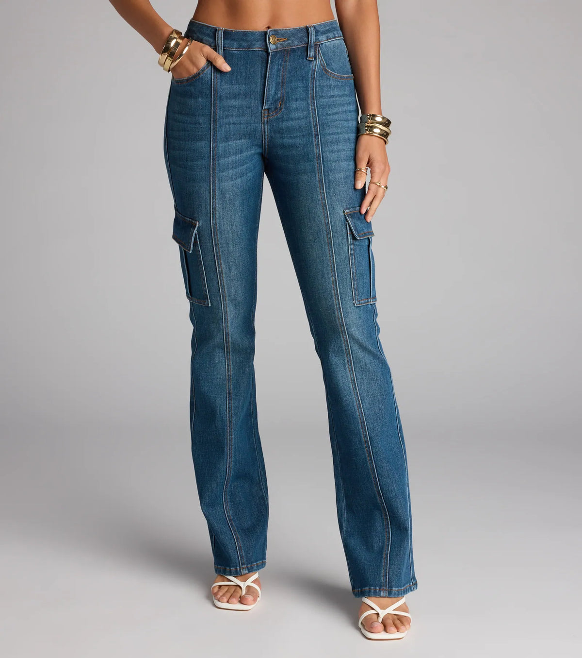 Cool Girl Cargo Mid Rise Flare Denim Jeans