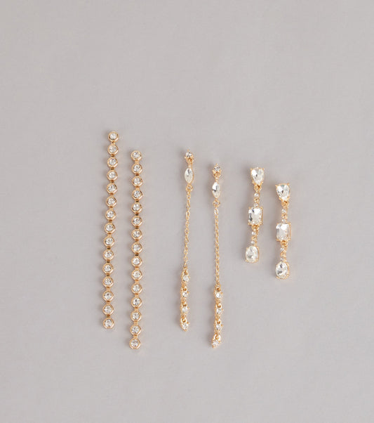 Stacked And Shining Rhinestone Linear Earrings Set