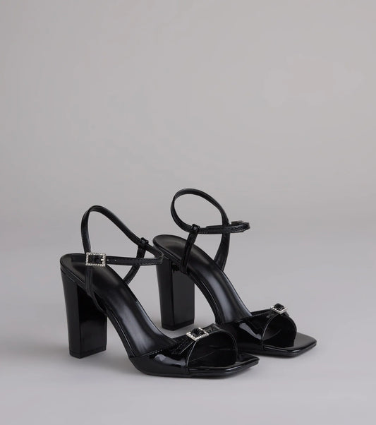Booked And Busy Rhinestone Buckle Block Heels