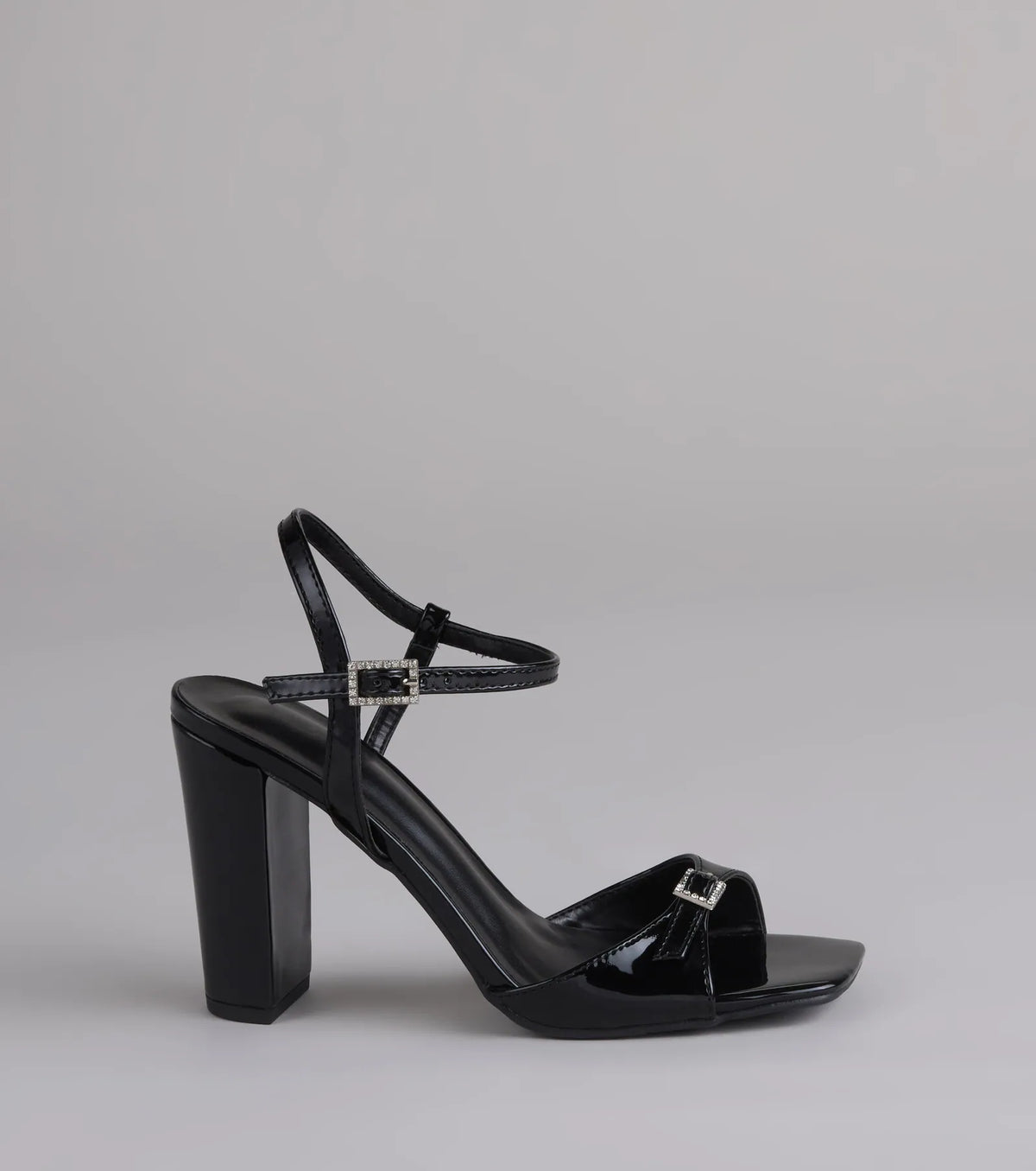Booked And Busy Rhinestone Buckle Block Heels