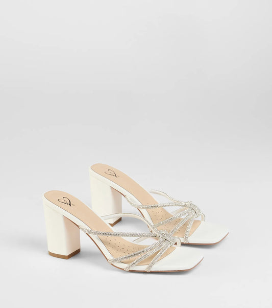 Party Look Rhinestone Strappy Block Heel Mules