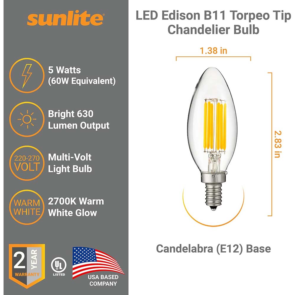 6PK - Sunlite LED 5W 220-277v 2700k E12 Candelabra Screw Bulb