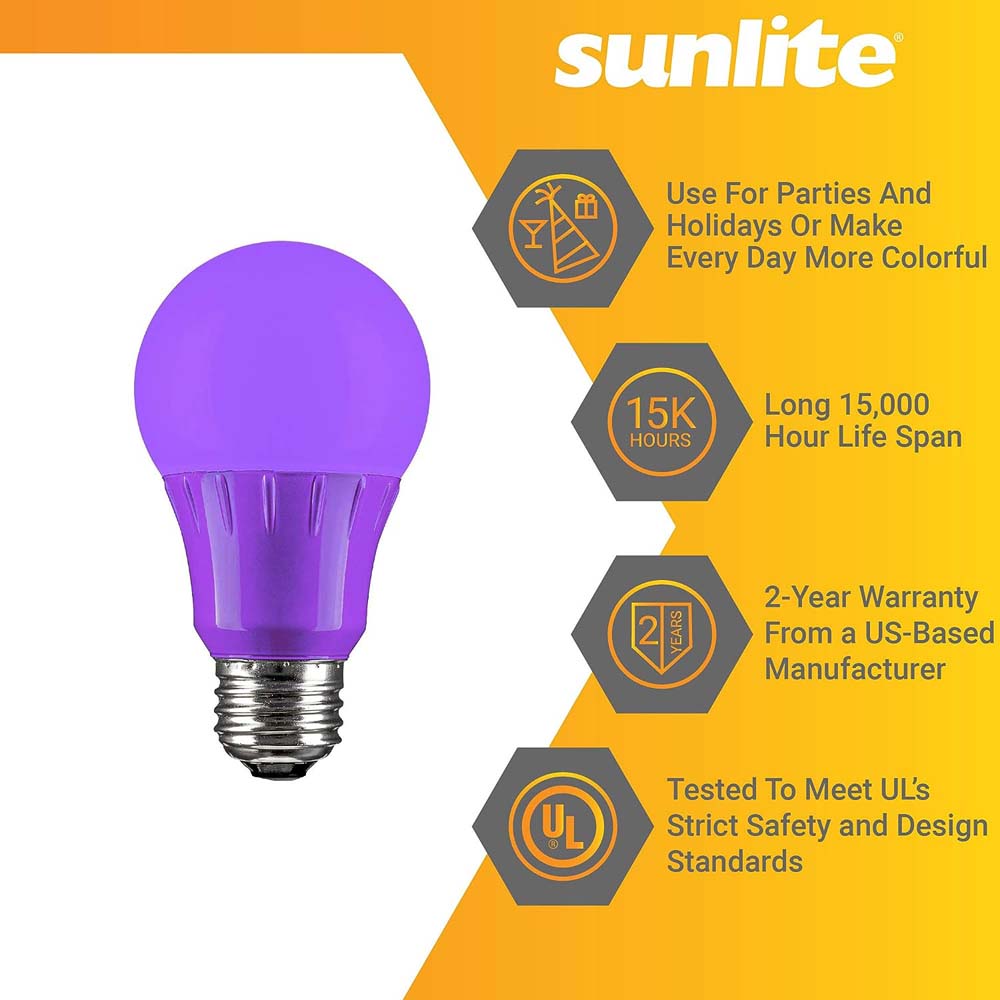 3Pk - Sunlite 3W LED A19 103Lm Purple Light Bulb
