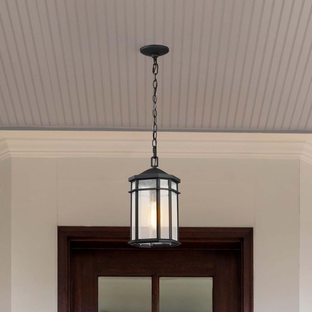 Raiden Outdoor 14.5-in Hanging Light Matte Black Finish w/ Clear Seedy Glass