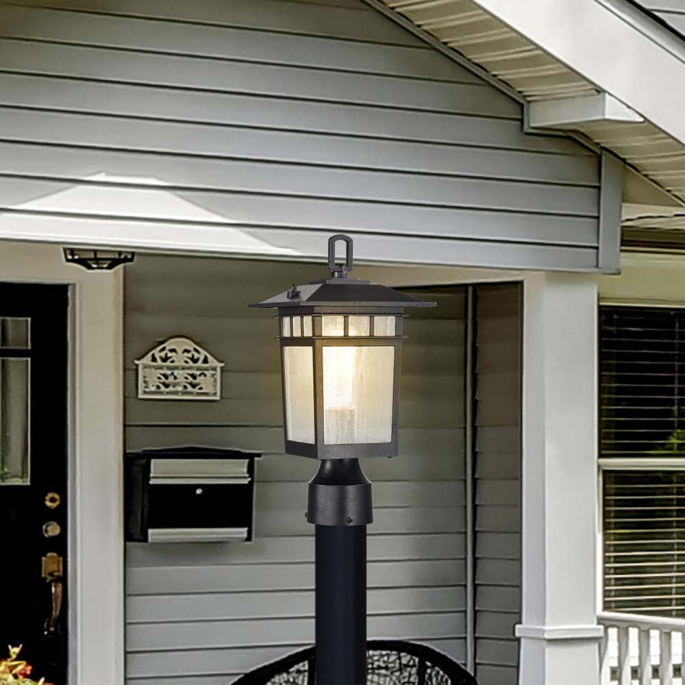 Cove Neck 14-in Post Light Lantern Textured Black Finish w/ Clear Seeded Glass