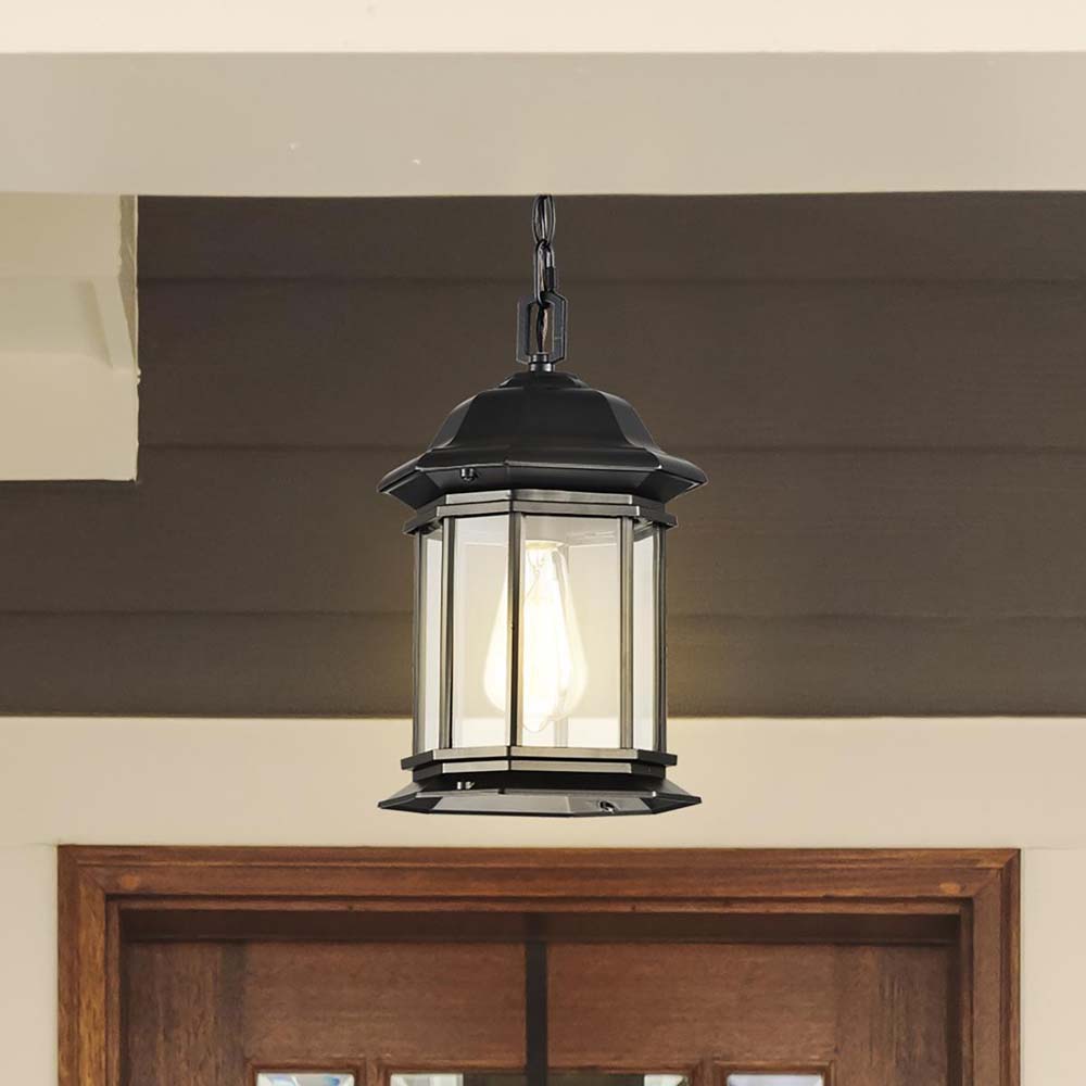 Hopkins Outdoor 12-in Hanging Lantern Matte Black Finish w/ Clear Glass