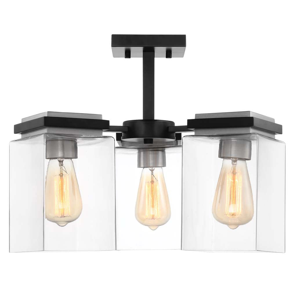 Crossroads 3-Light Semi-Flush Fixture Matte Black with Clear Glass