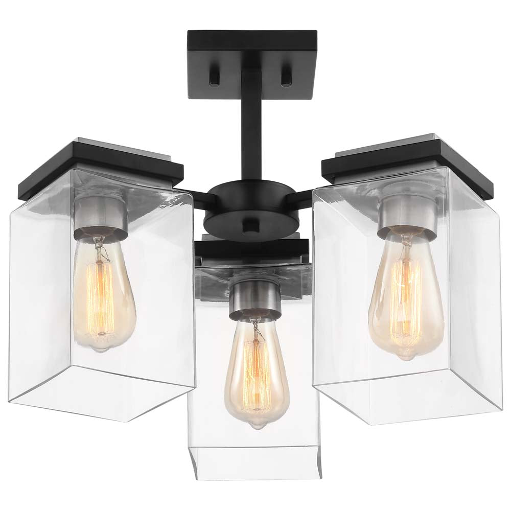 Crossroads 3-Light Semi-Flush Fixture Matte Black with Clear Glass