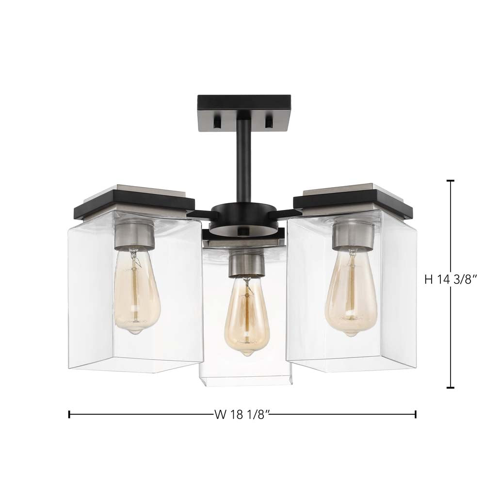 Crossroads 3-Light Semi-Flush Fixture Matte Black with Clear Glass