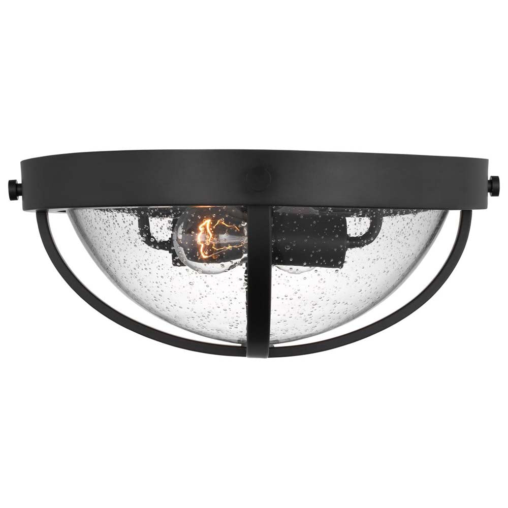 Lincoln 60w 2-Light Large Flush Mount Clear Seeded Glass E26 Base Black Finish
