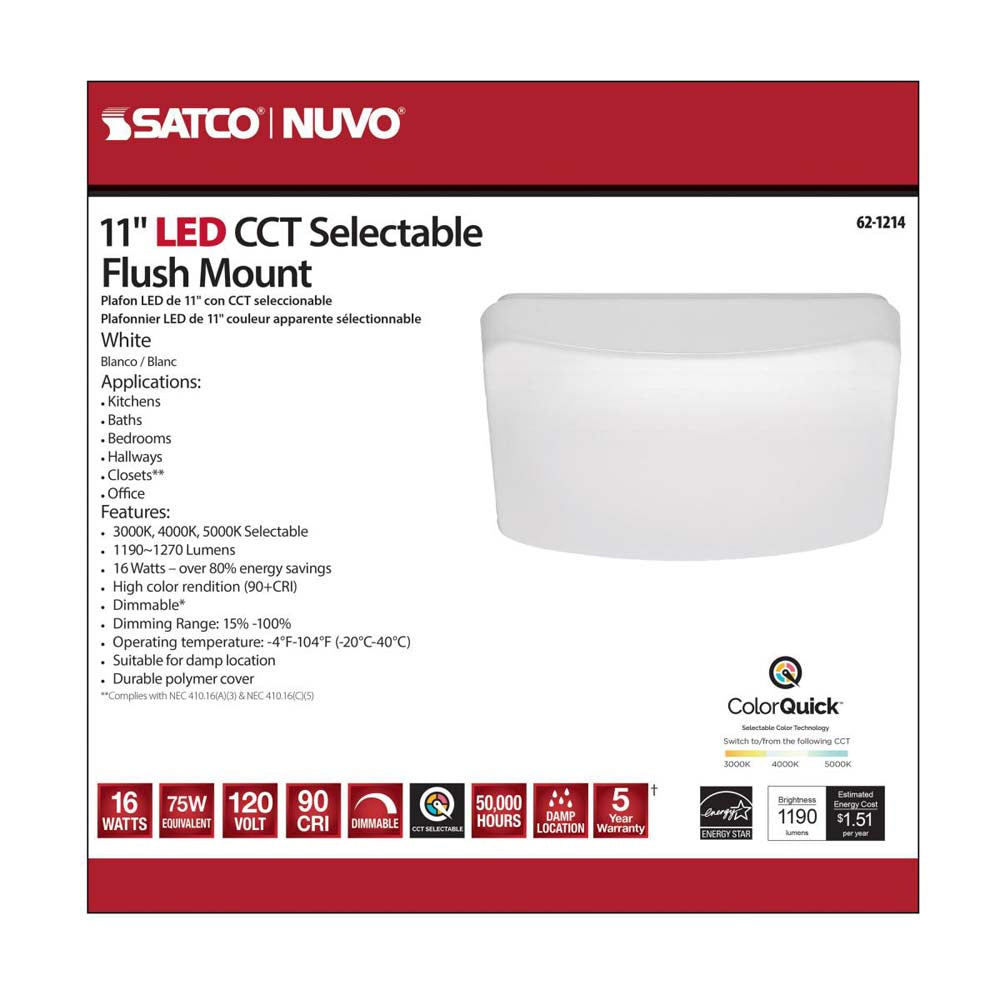 16w 11-in Square Acrylic LED Flush Mount Fixture CCT Selectable White Finish