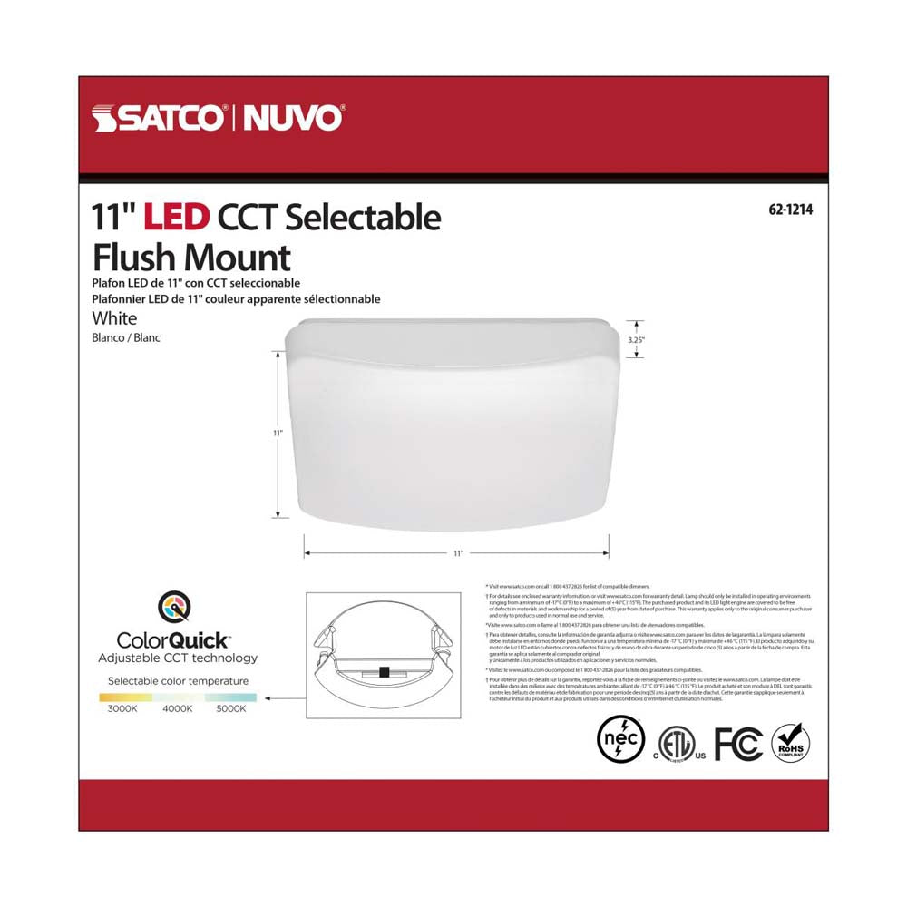 16w 11-in Square Acrylic LED Flush Mount Fixture CCT Selectable White Finish