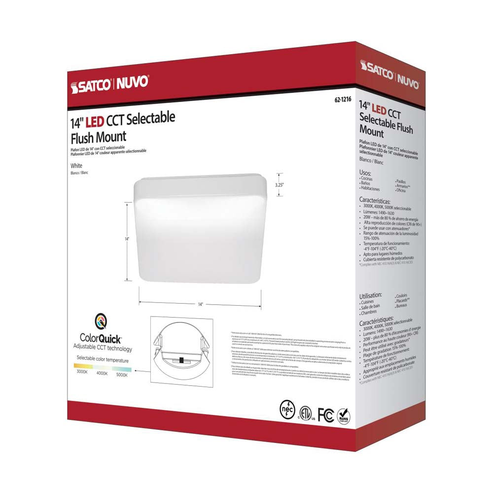 20w 14-in CCT Selectable Square White Acrylic LED Flush Mounted Fixture