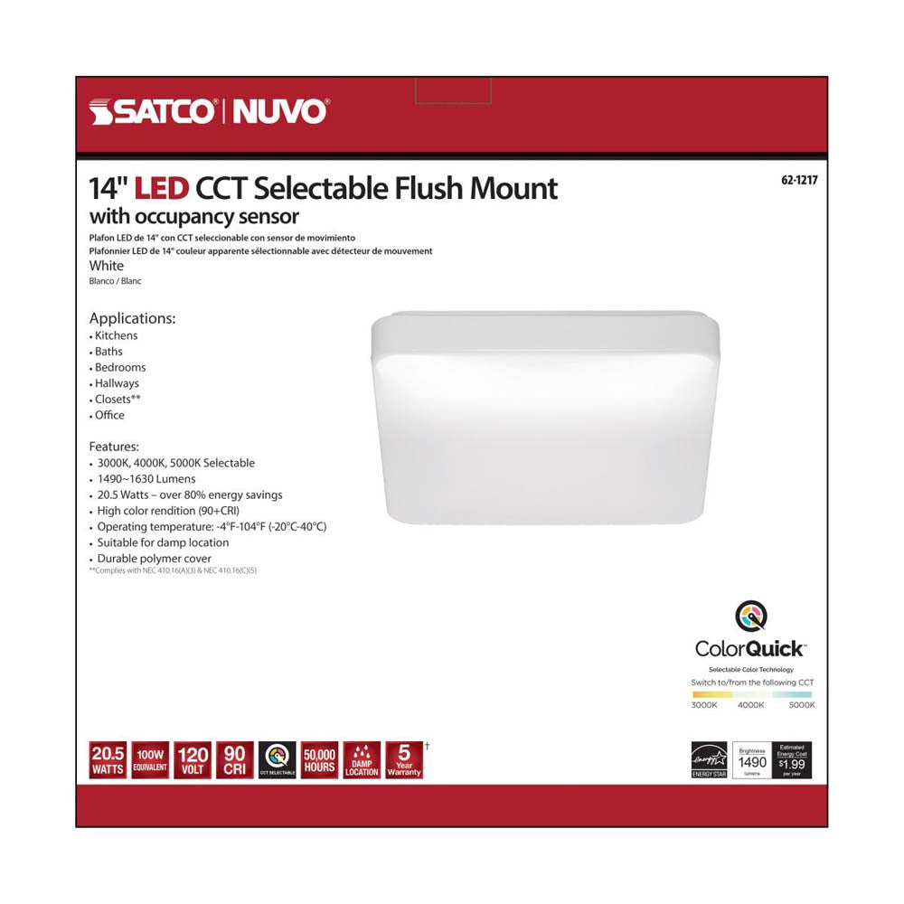 20.5w 14-in CCT Selectable Square Acrylic with Sensor LED Flush Mounted Fixture