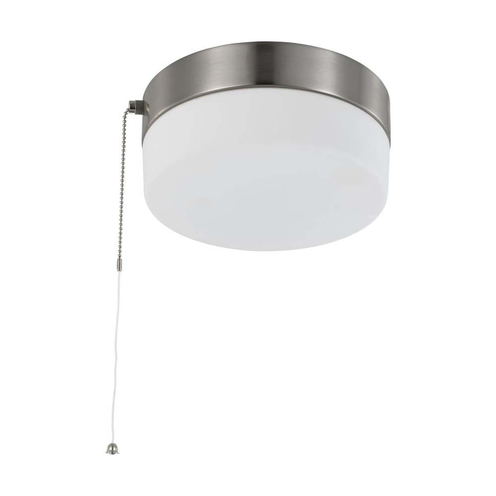 12w 8-in Pull Chain LED Flush Mount Fixture Brushed Nickel with Frosted Glass