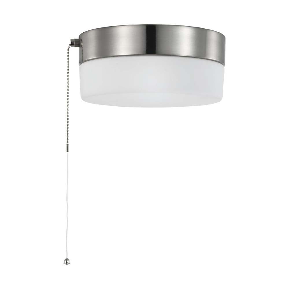 12w 8-in Pull Chain LED Flush Mount Fixture Brushed Nickel with Frosted Glass