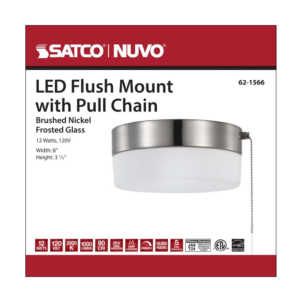 12w 8-in Pull Chain LED Flush Mount Fixture Brushed Nickel with Frosted Glass