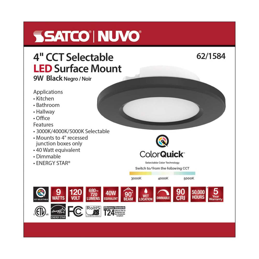 4-in LED Surface Mount Fixture CCT Selectable 3K/4K/5K Black