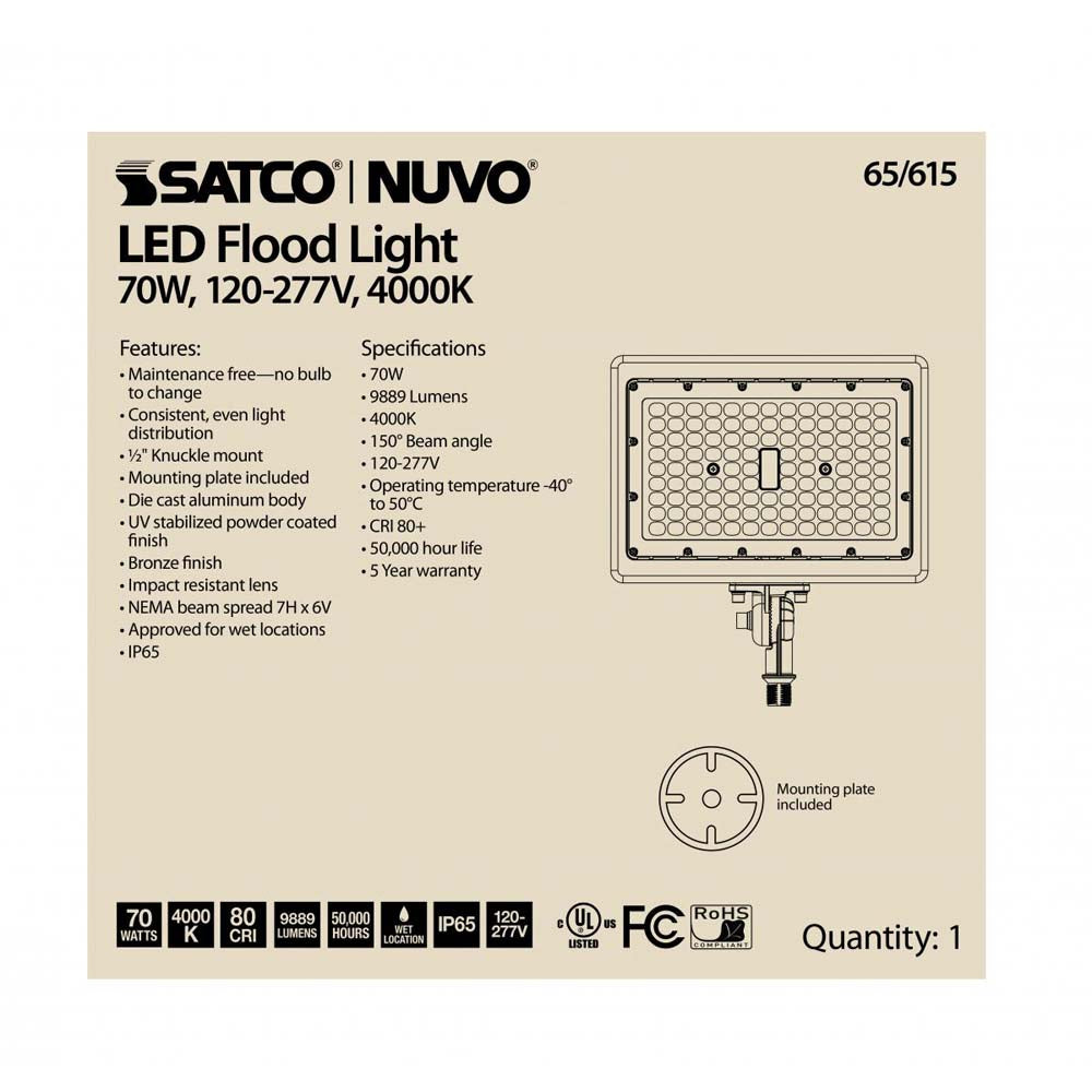 LED Flood Light 70w 4000K Bronze Finish 100-277V
