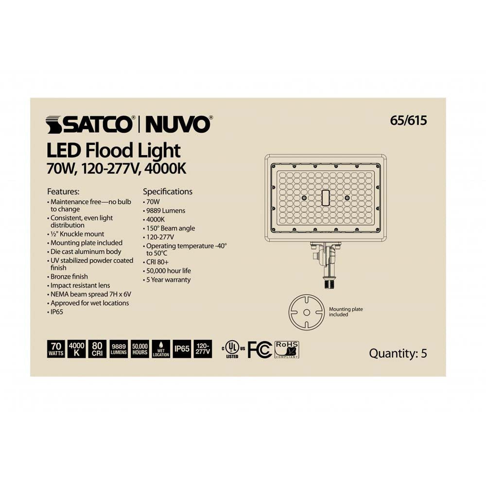 LED Flood Light 70w 4000K Bronze Finish 100-277V
