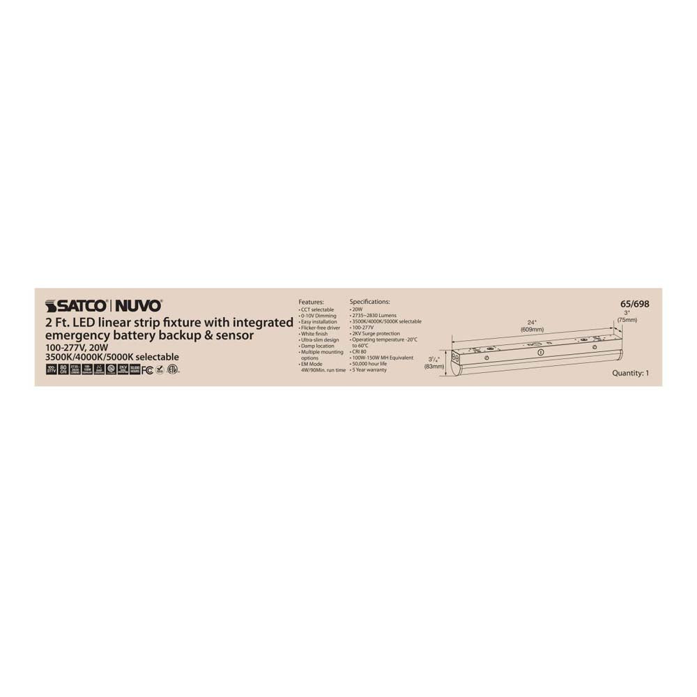 LED 2-ft Linear Strip Light 20W White Finish CCT Tunable 100-277V EM & Sensor