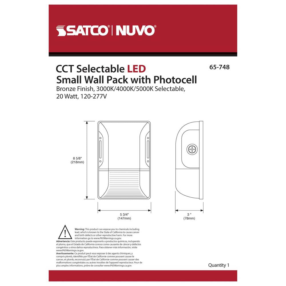 LED Small Wall Pack 20W CCT Tunable 3K/4K/5K Bronze Finish 100-277V