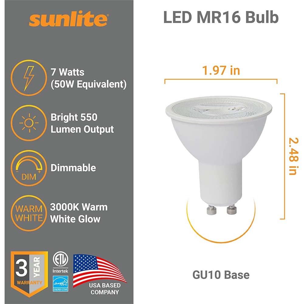 Sunlite LED MR16 Reflector Spotlight Bulb 7w 120v GU10 Base 3000K - Warm White