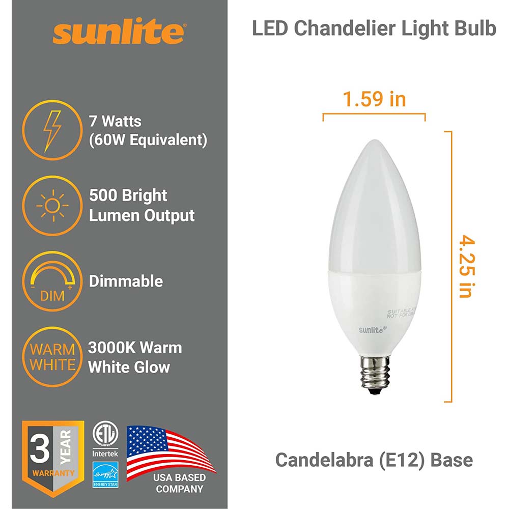 Sunlite LED B11 Frosted Chandelier Light Bulb 7w E12 Base 3000K - Warm White