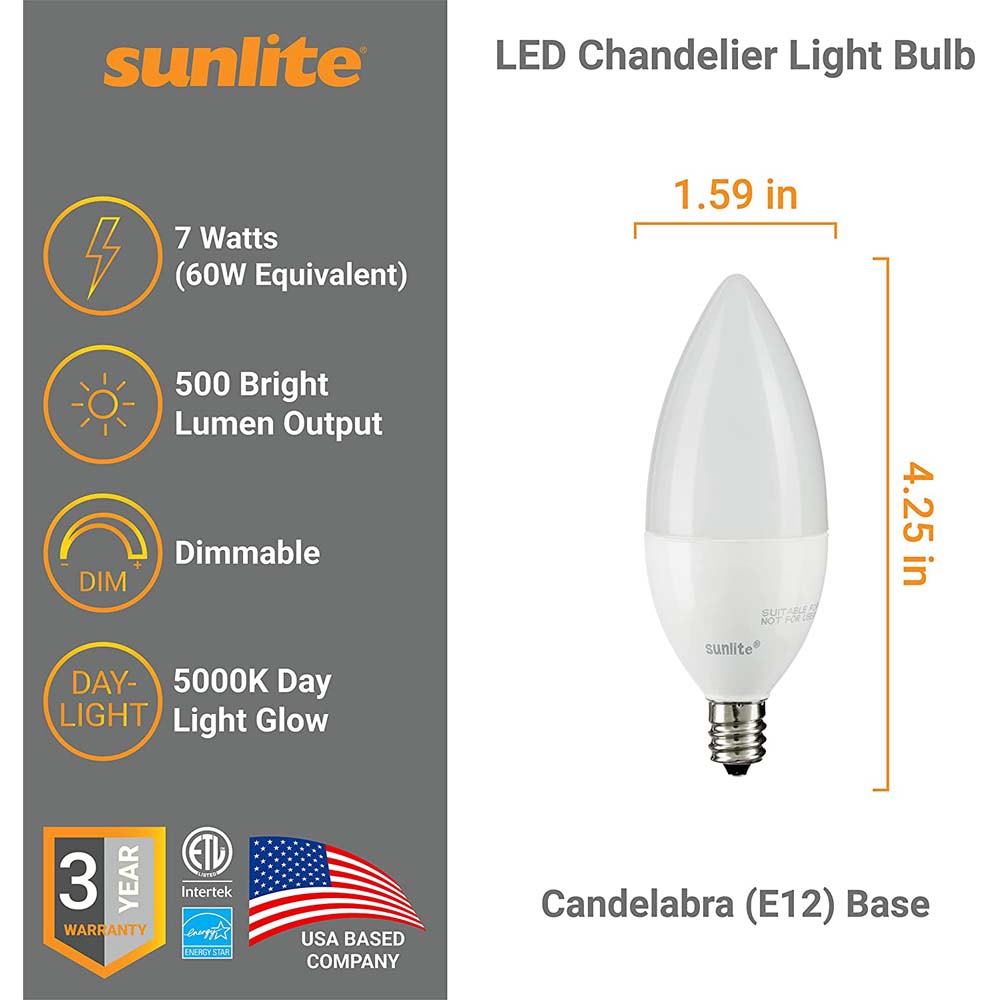 Sunlite LED B11 Frosted Chandelier Light Bulb 7w 120v E12 Base 5000K - Daylight