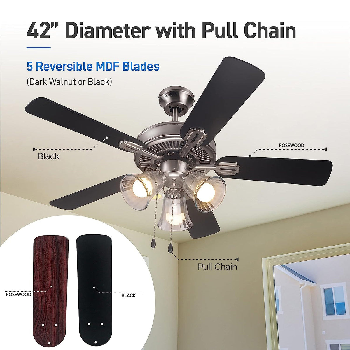 42" Contemporary 3 Lights Ceiling Fan with Rosewood/Black Blades and Pull Chain