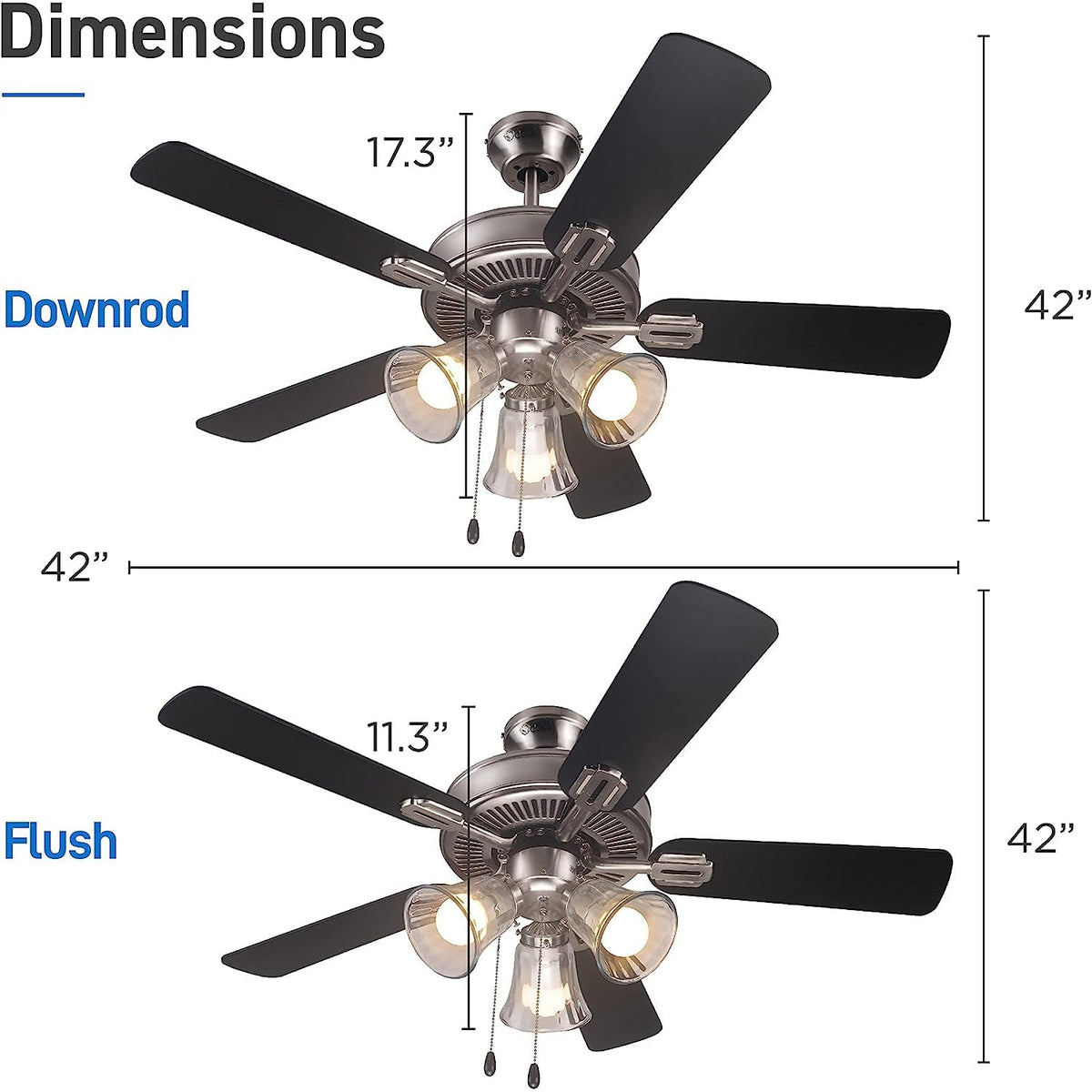 42" Contemporary 3 Lights Ceiling Fan with Rosewood/Black Blades and Pull Chain
