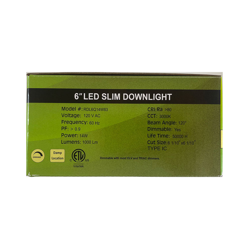 GreenLux 6-in 14w LED Square Slim Downlight 3000K Warm White 120v Dimmable