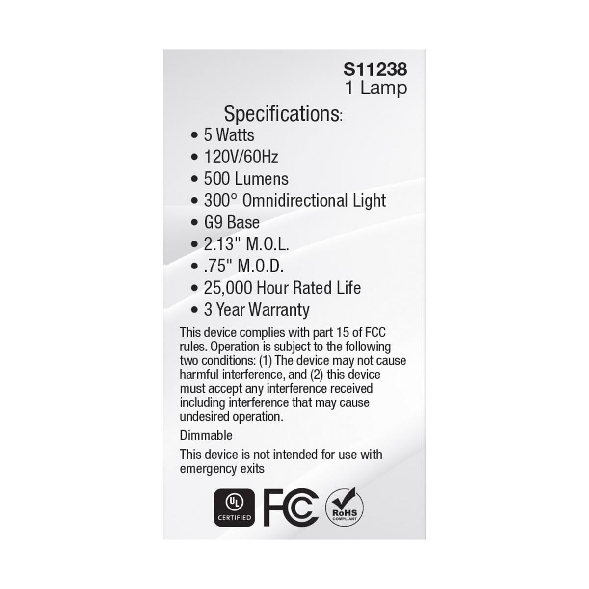 Satco 5W 120V JCD G9 LED 2700K Warm White 500Lm Light Bulb - 40w Equiv.