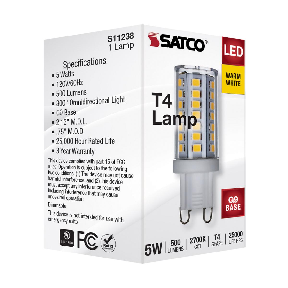 Satco 5W 120V JCD G9 LED 2700K Warm White 500Lm Light Bulb - 40w Equiv.