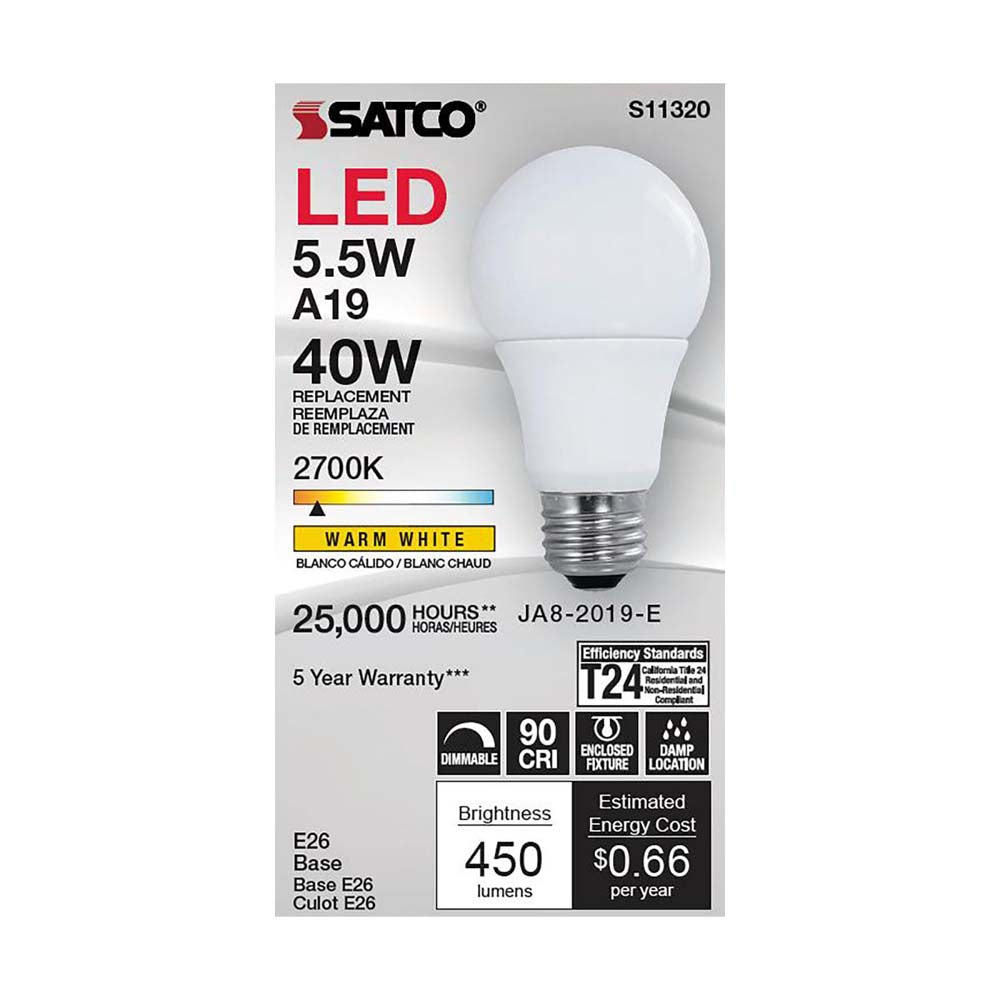 5.5W A19 LED 2700K Medium base 220 deg. Beam Angle 120v