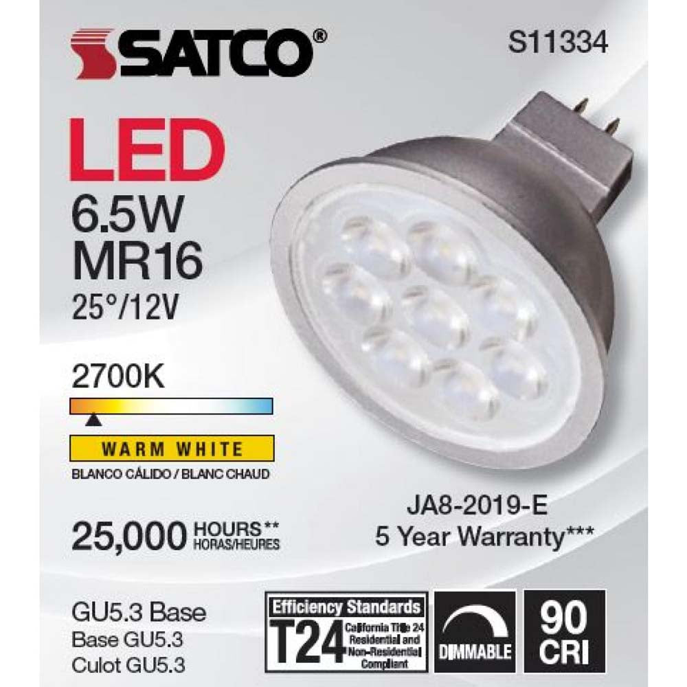Satco 6.5W MR16 LED 2700K GU5.3 base 25 deg. Beam Angle 12v