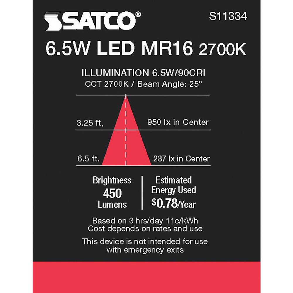 Satco 6.5W MR16 LED 2700K GU5.3 base 25 deg. Beam Angle 12v