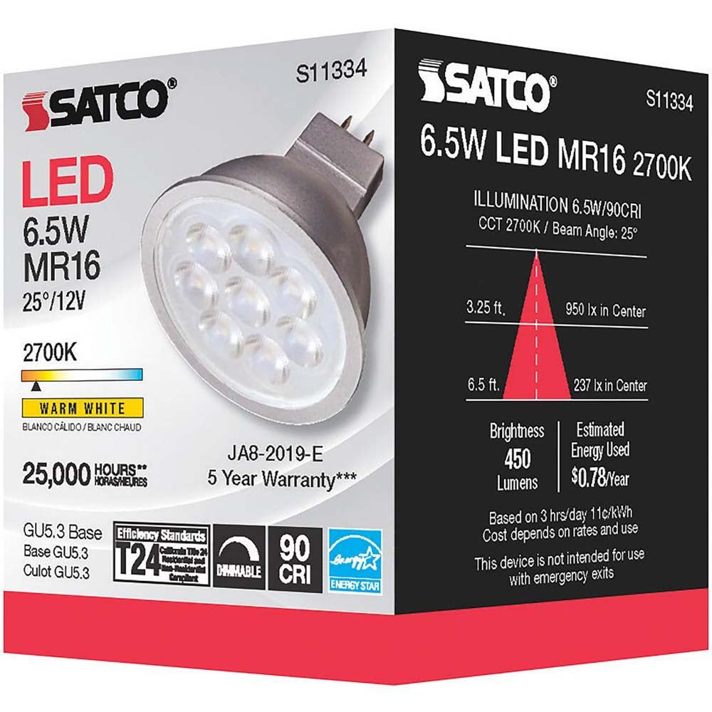 Satco 6.5W MR16 LED 2700K GU5.3 base 25 deg. Beam Angle 12v
