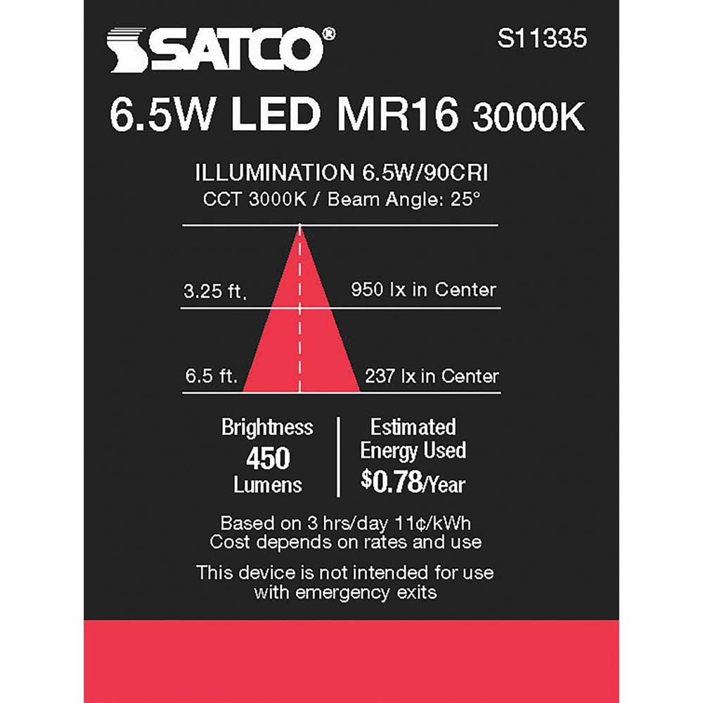 6.5W MR16 LED 3000K GU5.3 base 25 deg. Beam Angle 12v