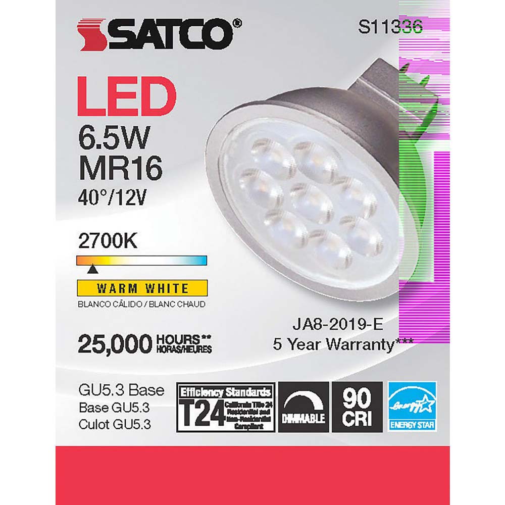 6.5W MR16 LED 2700K GU5.3 base 40 deg. Beam Angle 12v