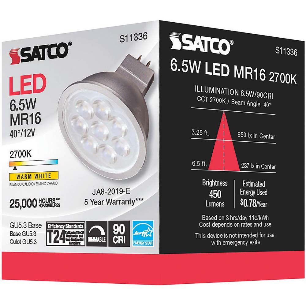 6.5W MR16 LED 2700K GU5.3 base 40 deg. Beam Angle 12v