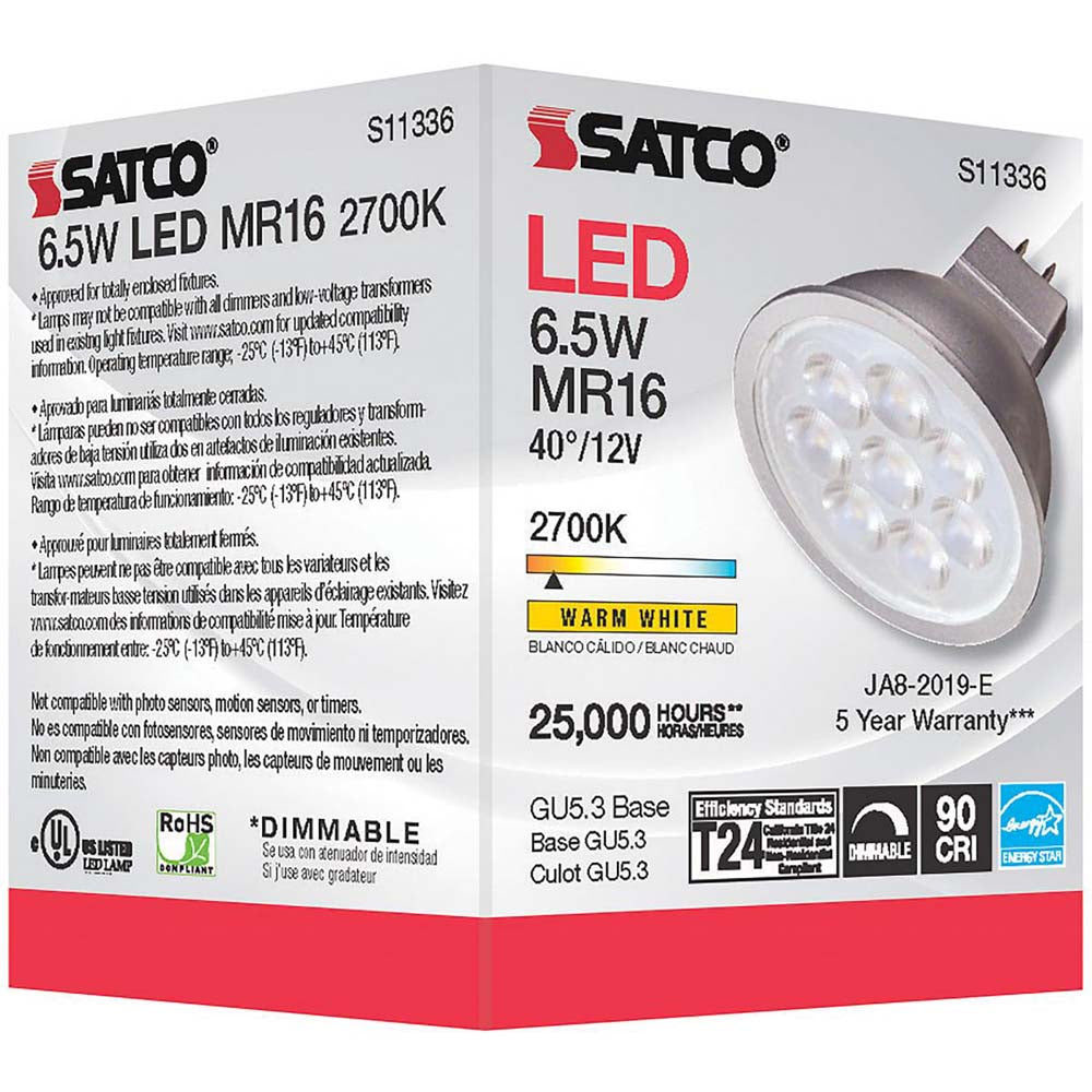 6.5W MR16 LED 2700K GU5.3 base 40 deg. Beam Angle 12v