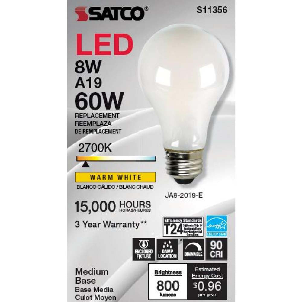 8W A19 LED Soft White 2700K Medium base 120v