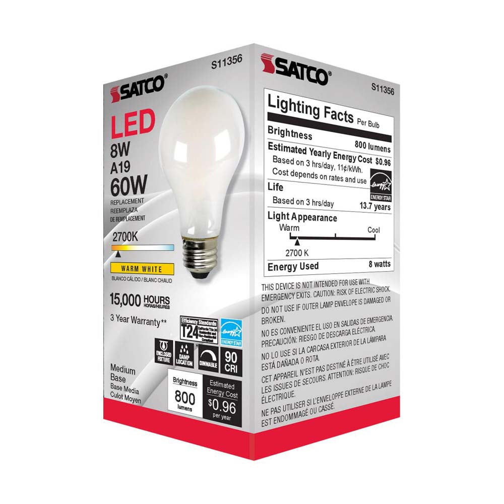 8W A19 LED Soft White 2700K Medium base 120v
