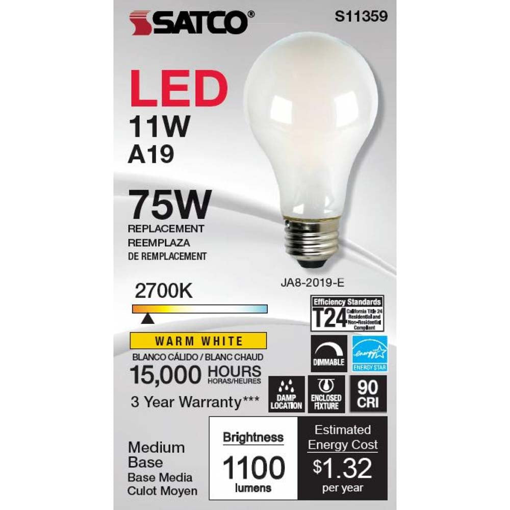 11W A19 LED Soft White 2700K Medium base 120v