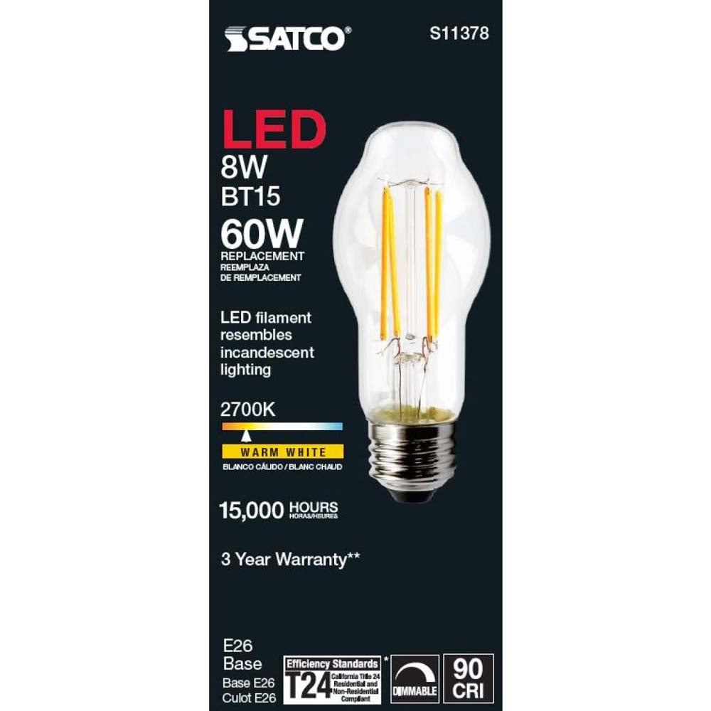 Satco 8W BT15 LED Clear Medium base 2700K 800 Lumens 360 deg Beam Spread 120v